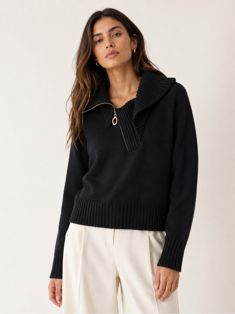 Donna Karan | Black Quarter Zip Ribbed Funnel Neck Wool Blend Knit Sweater
